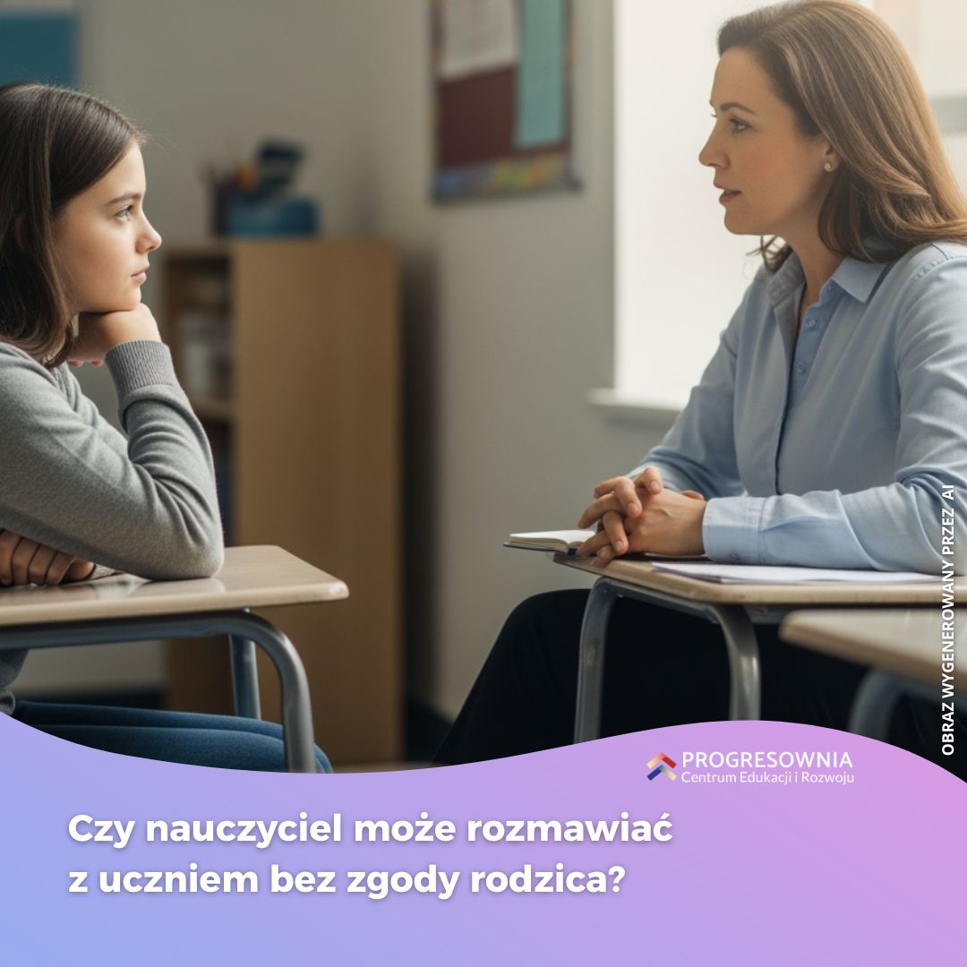 uczen z nauczycielem siedza i rozmawiaja