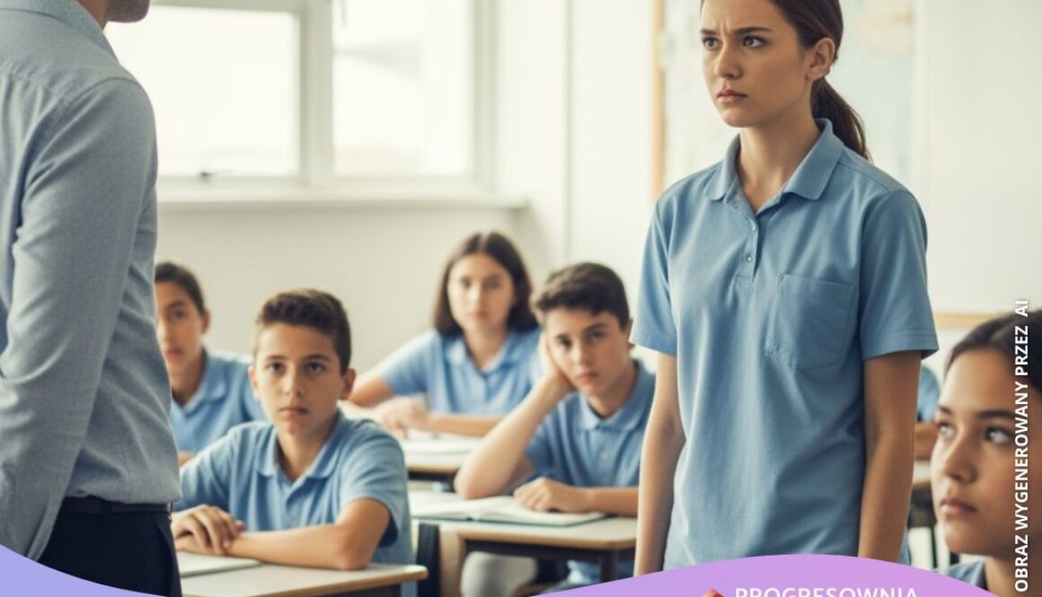 agresywny uczen stoi naprzeciwko nauczyciela